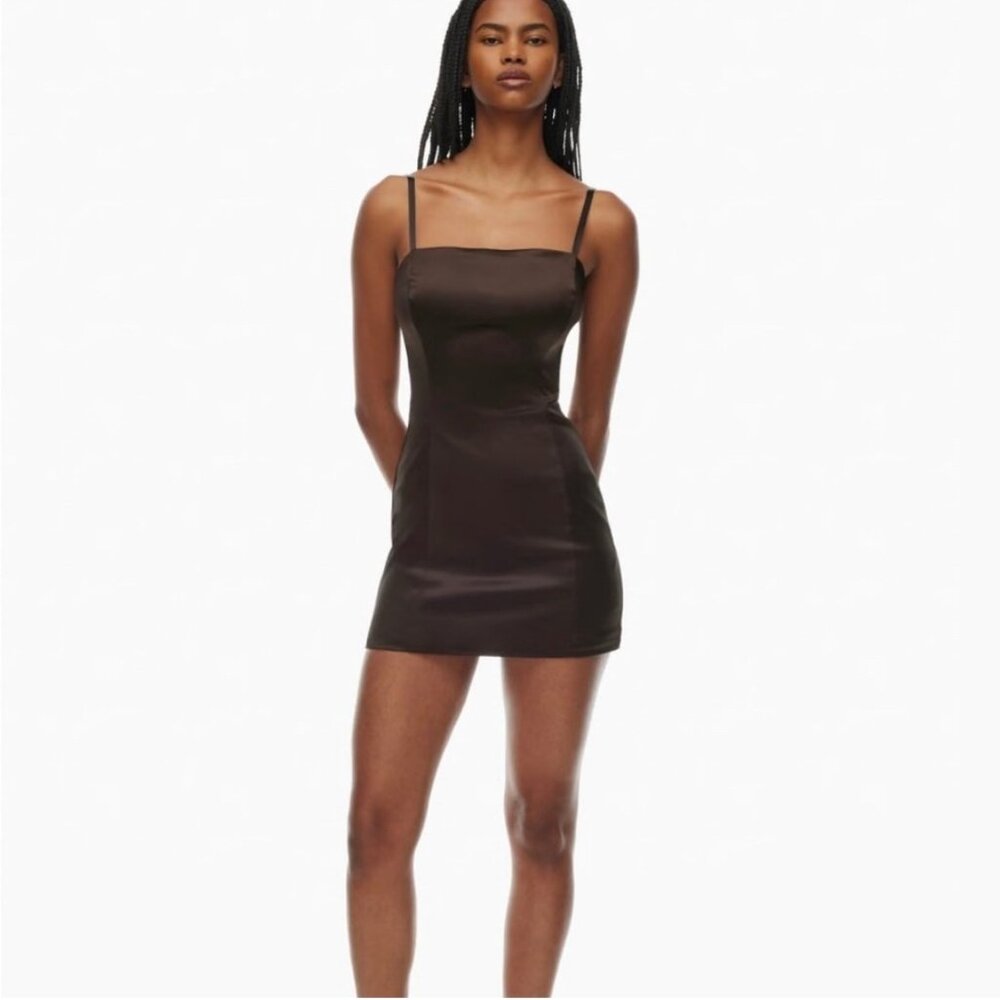 TEN by Babaton (Aritzia) Black Satin Bodycon Mini Dress Square Neck Slip Size 0